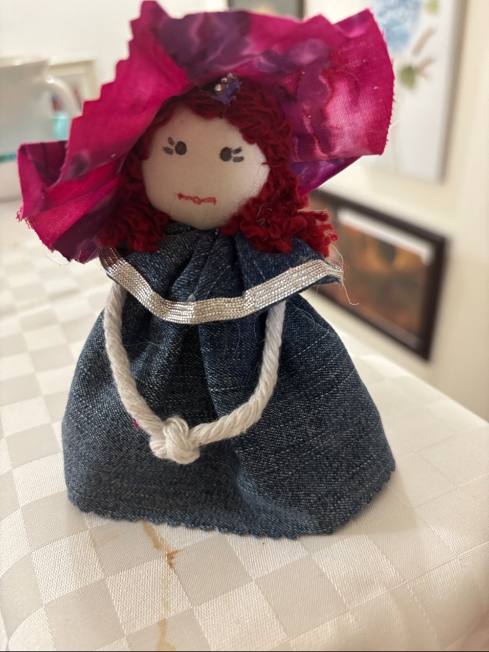 Handmade Fabric Doll with Pink Floral Hat